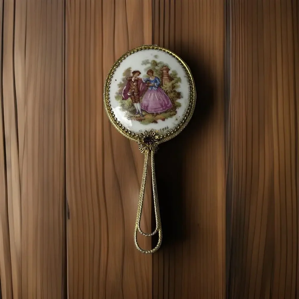 Vintage Hand Held Mirror Courting Couple Fragonard Limoges Mini Victorian & Ruby
